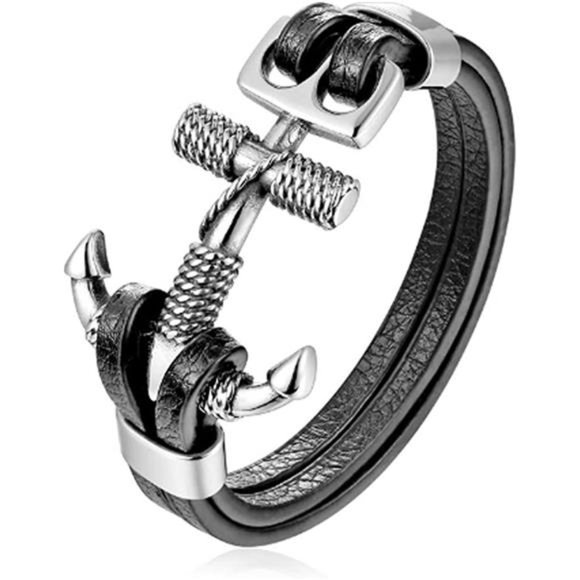 Double Layer Black Leather Bracelet for Men - Picture 1 of 6